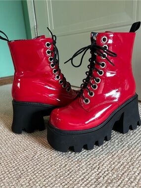 Red Patent Platform Lace-Up Boots- Stomper Rave Festival Steampunk
